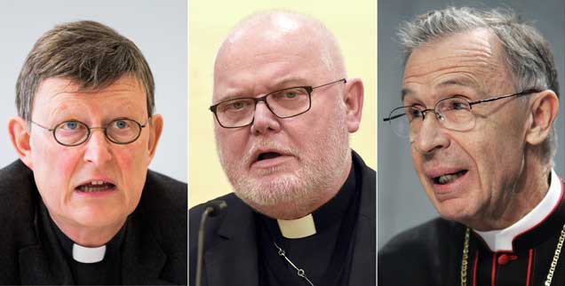 Versteh' einer das Leitungspersonal der Kirche! Kardinal Woelki (links), Kardinal Marx (Mitte), Kurienerzbischof Ladaria (rechts) liegen im Kommunion-Streit: Aber ist das wirklich eine Frage »auf Leben und Tod«? (Fotos:pa/Vennenbernd; pa/Jens Krick/Geisler-Fotopress; pa/ap/ De Luca)