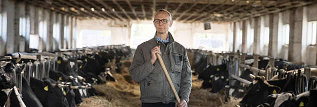 Biolandwirt Heiner Lütke Schwienhorst in seinem Kuhstall: Der Hitzesommer 2018 brachte seinem Betrieb große Ernteverluste, für seine Tiere musste er Futter dazukaufen (Foto: Gordon Welters/Greenpeace)