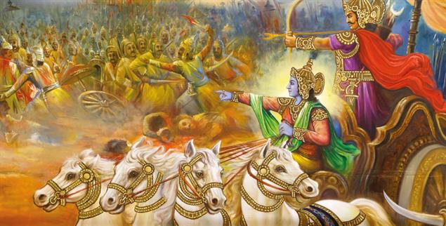 Mitten hinein ins Kriegsgetümmel: Krishna lenkt seinen Streitwagen zwischen die kämpfenden Parteien (Foto: Credit: Godong / Alamy Stock Photo)