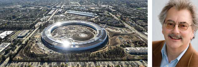 Der Apple-Campus in Kalifornien: »Während Apple die Steuergesetze von Regierungen gerne umgeht, hat der Konzern keine Probleme, sich Zensur-Gesetzen bestimmter Staaten zu unterwerfen, wenn es dem Unternehmenserfolg dient«, sagt Wolfgang Kessler (rechts). (Fotos: pa/Reuters/Berger; privat)
