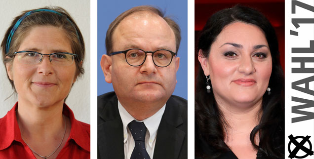 Jutta Sundermann, Ottmar Edenhofer, Lamya Kaddor: Wem geben sie morgen ihre Stimme? (Fotos: pa/dpa/Horst Galuschka; pa/dpa/Wolfgang Kumm; pa/ Eventpress Stauffenberg)