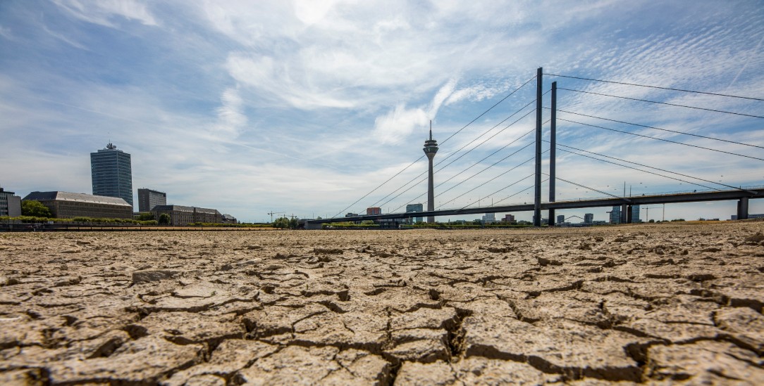 Heiße Jahre:Lang anhaltende Dürre legt das linke Rheinufer bei Düsseldorf trocken (Foto: PA/Jochen Tack)