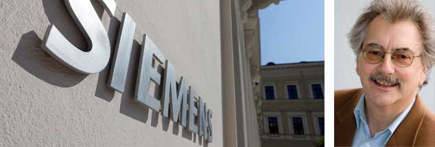 "Es gibt Alternativen zu Massenentlassungen bei Siemens", sagt Publik-Forum-Chefredakteur Wolfgang Kessler (rechts). (Fotos: pa/Kalker; privat)