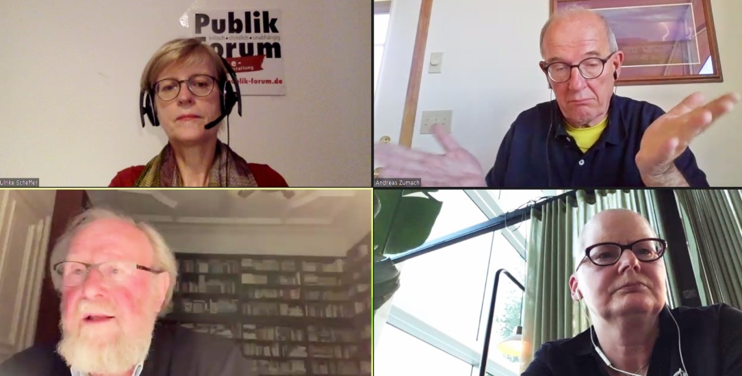 Diskutierten über Krieg und Frieden: Moderatorin Ulrike Scheffer (oben links), Andreas Zumach (oben rechts), Wolfgang Thierse (unten links), Christine Hoffmann (unten rechts). (Foto: Publik-Forum) Diskutierten über Krieg und Frieden: Moderatorin Ulrike Scheffer (oben links), Andreas Zumach (oben rechts), Wolfgang Thierse (unten links), Christine Hoffmann (unten rechts). (Foto: Publik-Forum)