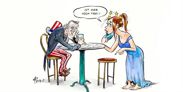 Angespanntes Verhältnis: USA und Europa (Zeichnung: PA/Die Kleinert/Paolo Calleri)