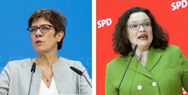 Die Parteichefinnen steuern vorsichtig um - und ihre in der Koalition verbundenen Parteien voneinander weg: Die CDU-Vorsitzende Annegret Kramp-Karrenbauer (links) setzt auf noch mehr Härte in der Flüchtlingspolitik, SPD-Vorsitzende Andrea Nahles will eine Reform des Sozialstaates. (Fotos: pa/Contini; pa/Kumm)