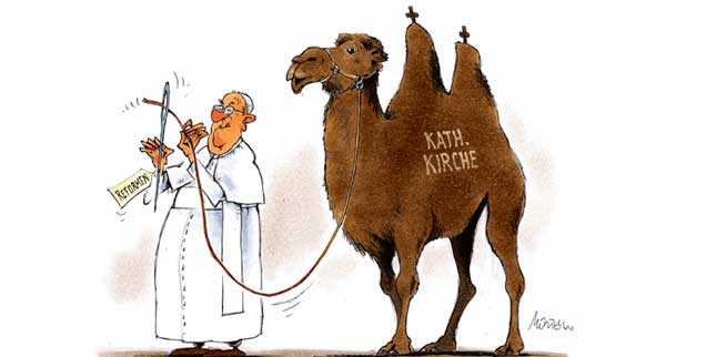 Ein Papst fädelt ein, doch ob dann auch das Kamel Kirche durchs Nadelöhr passt? Bislang schauen viel zu viele dem zähen Reformkampf des Franziskus bloß abwartend zu. (Zeichnung: Mester)