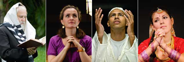 An wen richten sich ihre Gebete? Ein Jude mit Gebetsschal, eine Christin, ein junger Muslim und eine Hinduistin. (Fotos: istockphoto: Tovfla; Juanmonino (2); Yourapechkin)
