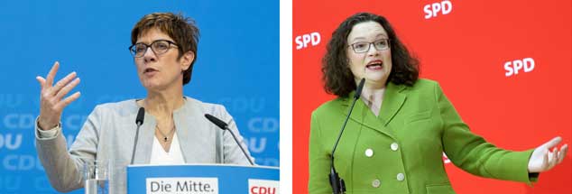 Die Parteichefinnen steuern vorsichtig um - und ihre in der Koalition verbundenen Parteien voneinander weg: Die CDU-Vorsitzende Annegret Kramp-Karrenbauer (links) setzt auf noch mehr Härte in der Flüchtlingspolitik, SPD-Vorsitzende Andrea Nahles will eine Reform des Sozialstaates. (Fotos: pa/Contini; pa/Kumm)