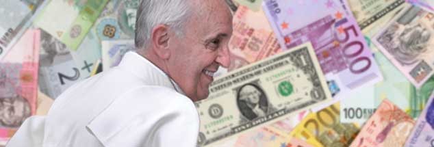 Papst Franziskus lächelt; doch das viele Geld ist es nicht, was ihn glücklich macht: Er schaut auf die Menschen, nicht auf bedrucktes Wert-Papier. (Foto: Markus Mainka/Fotolia; pa/Spaziani)