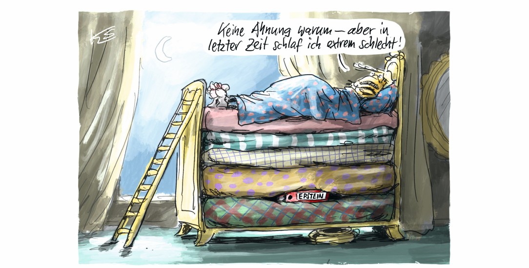 Schwerer Schlaf für den Präsidenten: Donald Trump muss hoffen, dass in den Epstein--Akten kein belastendes Material auftaucht. (Zeichnung: Klaus Stuttmann)