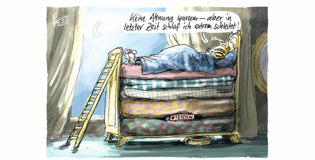 Schwerer Schlaf für den Präsidenten: Donald Trump muss hoffen, dass in den Epstein--Akten kein belastendes Material auftaucht. (Zeichnung: Klaus Stuttmann)