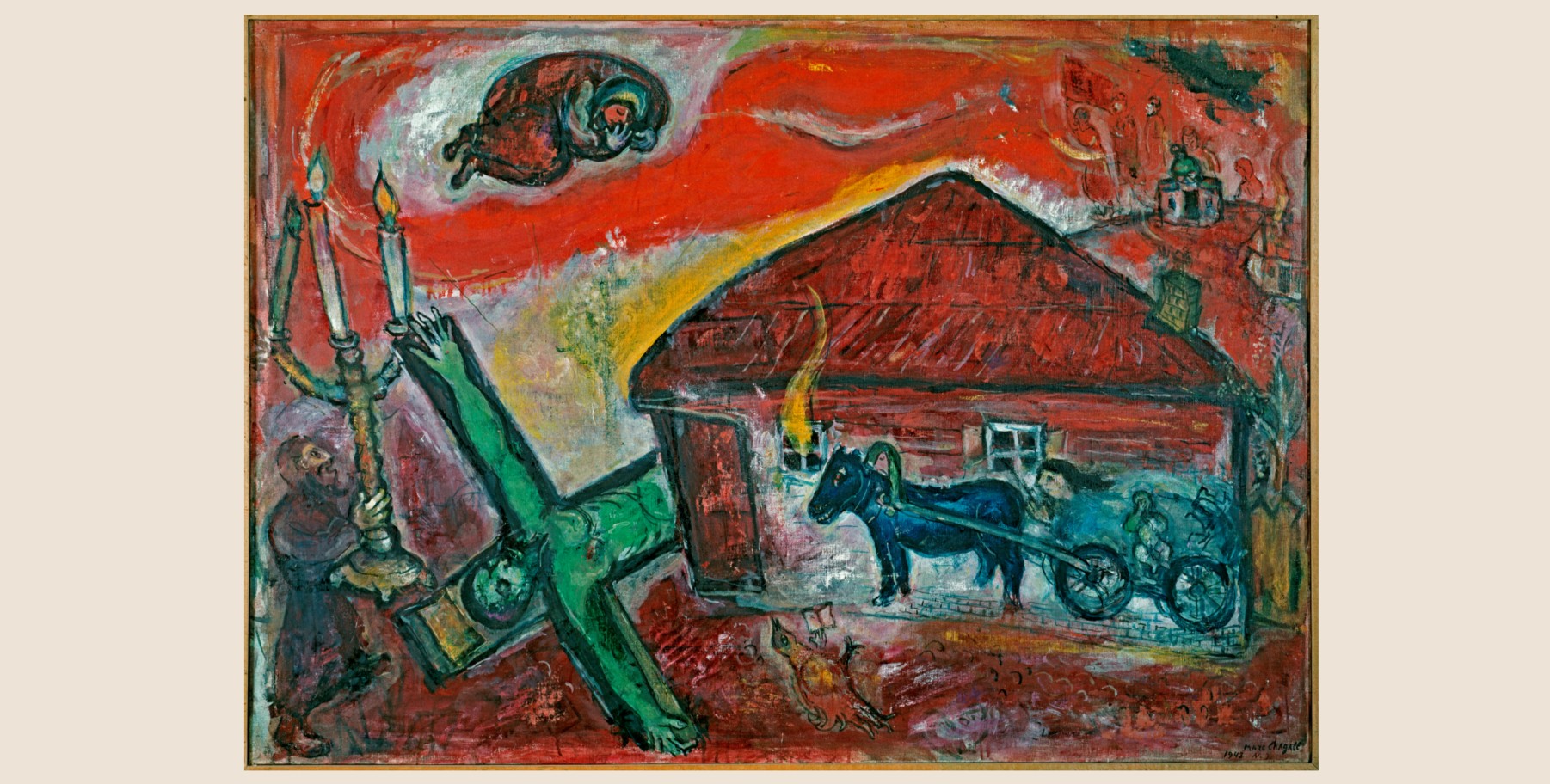  In Marc Chagalls Bild »Besessenheit« von 1943 wird die Menora gerettet, Jesus am Kreuz ist gefallen (Foto: akg-images  / André Held / © Archives Marc et Ida Chagall, Paris / VG Bild Kunst, Bonn 2024)