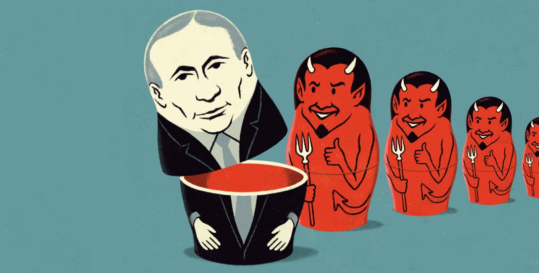 Glaubt Wladimir Putin wirklich, dass er auf der Seite der Guten ist? Bemäntelt er das Böse, von dem er genau weiß, dass er es entfesselt hat? (Illustration: Jens Bonnke)