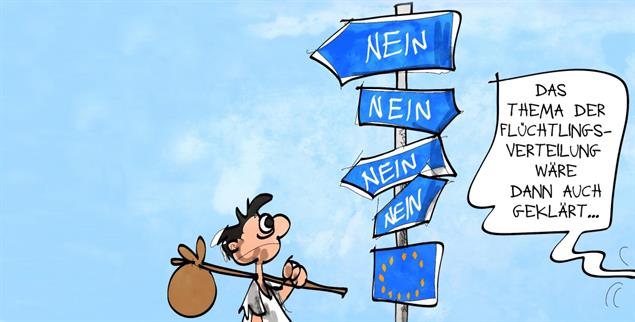 Statt Abschreckung braucht es eine wirklich gemeinsame Asylpolitik in der EU. (Zeichnung: PA/dieKleinert/Kostas Koufogiorgos)