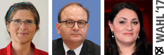Jutta Sundermann, Ottmar Edenhofer, Lamya Kaddor: Wem geben sie morgen ihre Stimme? (Fotos: pa/dpa/Horst Galuschka; pa/dpa/Wolfgang Kumm; pa/ Eventpress Stauffenberg)