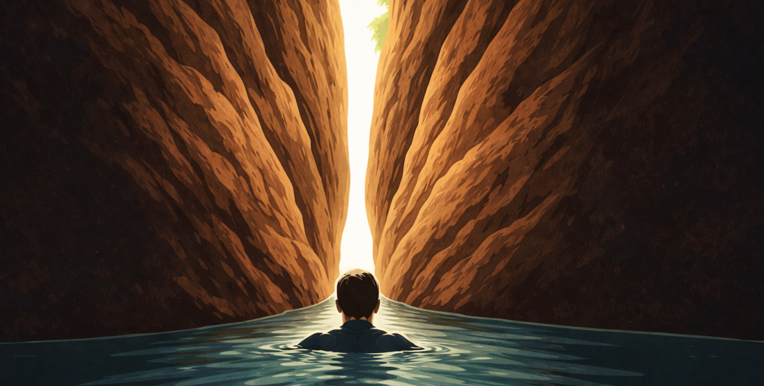 »Und ob ich schon schwamm im finsteren Spalt, fürchte ich kein Unglück, denn du bist bei mir.« (Illustration: Annette Hoffmann / Publik-Forum / KI-generiert)