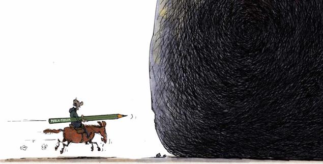 Mit spitzer Feder gegen Felsen: Don Quichotte mit Pufo-Pencil (Zeichnung: Mester)