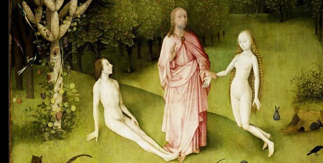 Führt zur nächsten Frage: In Hieronymus Boschs »Garten der Lüste« hat offenbar nicht Gott Vater die Menschen erschaffen, sondern – sehr ungewöhnlich – der Sohn. Jedenfalls ist er es, der Eva ihrem Mann zuführt. (Foto: Wikipedia)