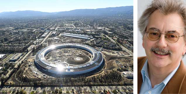 Der Apple-Campus in Kalifornien: »Während Apple die Steuergesetze von Regierungen gerne umgeht, hat der Konzern keine Probleme, sich Zensur-Gesetzen bestimmter Staaten zu unterwerfen, wenn es dem Unternehmenserfolg dient«, sagt Wolfgang Kessler (rechts). (Fotos: pa/Reuters/Berger; privat)
