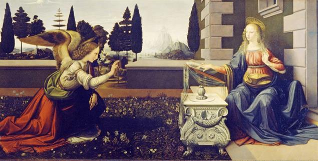  Da trat der Engel bei ihr ein: Leonardo Da Vincis berühmtes Gemälde von der Verkündigung (Foto: via Wikipedia/Uffizien)