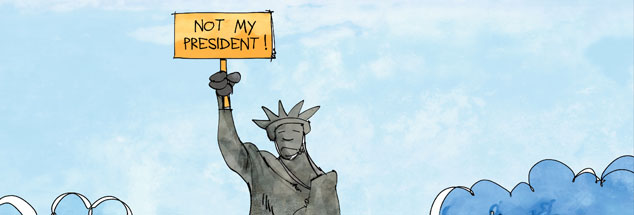 Die Freiheitsstatue ist nicht zufrieden, mit ihr Millionen von Amerikanern: Selten war ein designierter US-Präsident so umstritten wie Donald Trump. (Zeichnung: pa/dieKLEINERT.de/Kostas Koufogiorgos)