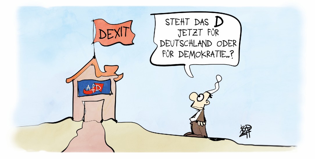 Der Dexit-Plan der AfD trifft außerhalb von Deutschland auf mehr Zustimmung. (Zeichnung: PA / Die Kleinert / Kostas Koufogiorgos)