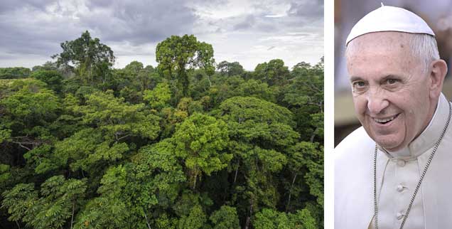 Amazonas-Regenwald von oben, geliebt von Papst Franziskus (rechts): Am 18. Juni 2015 stellte der Mann aus Lateinamerika, der jetzt im Vatikan wohnt und regiert, seine Umwelt-Enzyklika vor. Es ist die erste Enzyklika in der Geschichte der katholischen Kirche, die sich radikal der ökologischen Frage annimmt. (Fotos: pa/Spaziani; istockphoto/salparadis)