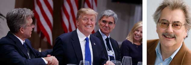 US-Präsident Trump in Davos "im Kreise seiner Lieben": Wirtschaftsbosse Bill McDermott (SAP), Joe Kaeser (Siemens) und Secretary of Homeland Security, Kirstjen Nielsen. Unternehmen, die von den massiven Steuersenkungen in den USA profitieren, ziehen Geld und Arbeitsplätze aus Europa ab. "Gefährlich", sagt Wolfgang Kessler (rechts). (Foto: pa/ap/Vucci)