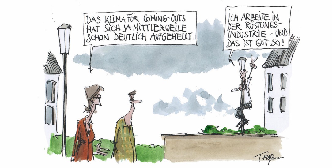 Das Land droht unhinterfragt in eine Militarisierung abzudriften. (Zeichnung: Thomas Plaßmann)