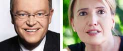 Stephan Weil, Sozialdemokrat und niedersächsischer Ministerpräsident, tritt für eine Steuersenkung ein, Simone Peter, Vorsitzende von Bündnis 90/Die Grünen, hält Investitionen und Entlastungen bei den Sozialabgaben für wichtiger (Fotos: HansButtermilch2010; Chaperon)