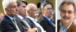 Vier, die kein Konzept für die Zukunft haben: Matthias Müller (links), Vorstandsvorsitzender der Volkswagen AG, Harald Krüger, Vorstandsvorsitzender der BMW AG, Dieter Zetsche, Vorstandsvorsitzender der Daimler AG, und Matthias Wissmann, Präsident des Verbands der Automobilindustrie. "Sie gefährden Wirtschaft und Demokratie", sagt Wolfgang Kessler (rechts).  (Foto: pa/dpa/Maurizio Gambarini)
