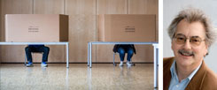 Wählen, aber wie? Für immer mehr Menschen bleibt die Wahlkabine dunkel; sie wählen gar nicht. Die Folge: Rechtspopulisten gewinnen gewaltig, wie jetzt bei den Kommunalwahlen in Hessen. Wolfgang Kessler ärgert sich über gelangweilte Bürger.  (Fotos: pa/dpa/Frank Rumpenhorst; Publik-Forum)