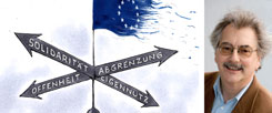 Welchen Weg geht Europa? Trifft es keine Entscheidung, wird es von zunehmender Gewalt, Rechtspopulismus und Angst zerstört, sagt Wolfgang Kessler (rechts). (Zeichnung: Mester; Foto: Publik-Forum)