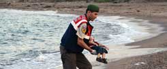Dieses Foto geht um die Welt: Ein kleiner Junge ist tot. Gestorben im Meer, auf der Flucht aus Syrien. Seine Leiche wird von einem Helfer geborgen. (Foto: pa/ap)