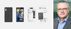 Eigentlich sieht es erst mal aus wie jedes andere Handy auch: Das Fairphone ist trotzdem anders. Uwe Kekeritz (rechts) wäre es recht, wenn einfach jeder einer Fairphone hätte. (Fotos: fairphone; Kaminski)