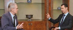 Publizist Jürgen Todenhöfer (links) bei Baschar al-Assad während eines ARD-Gesprächs im Jahr 2012: Immer wieder traf der Nahost-Kenner den syrischen Präsidenten (Foto: pa/swr/HANDOUT aus der Sendung Weltspiegel, 2012)