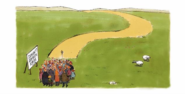 Wohin führt der Synodale Weg? Die vierte Vollversammlung steht an (Zeichnung: Mester)