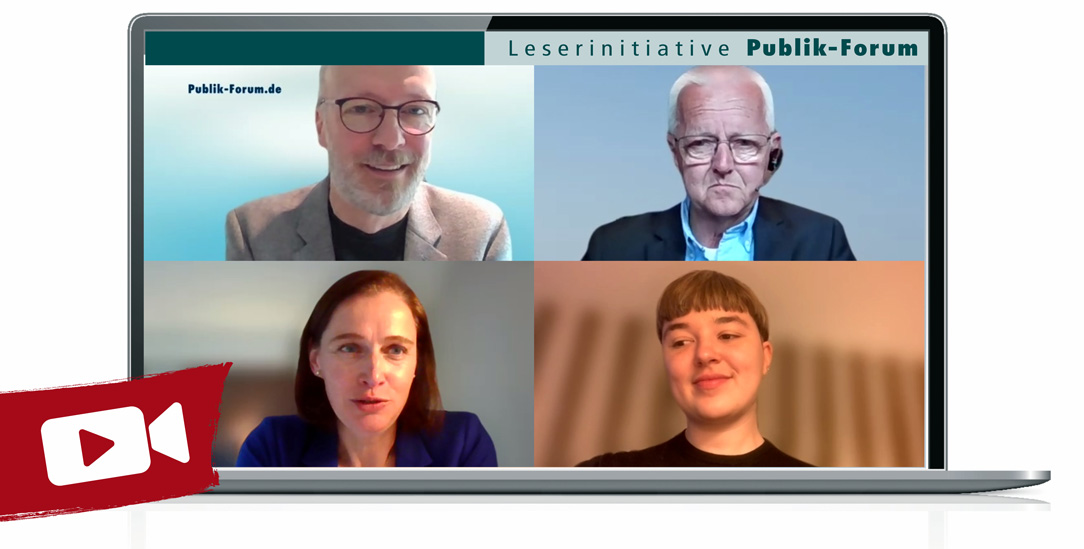 Diskutierten über den Synodalen Weg: Moderator Christoph Fleischmann (oben links), Norbert Lüdecke (oben rechts), Andrea Qualbrink (unten links), Mara Klein (unten rechts). (Fotos: Publik-Forum; Grafiken: iStockbyGetty)