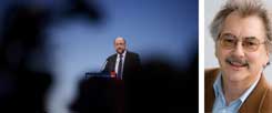 Martin Schulz bei seiner kämpferischen Rede auf dem Sonderparteitag am 21. Januar 2018 in Bonn: Wie viel kann der schwarze Zeitgeist der gerade sehr lebendigen SPD anhaben? »Die Sozialdemokraten haben bei den Sondierungen Einiges erreicht», sagt Wolfgang Kessler (rechts). (Fotos: pa/Krick/CITYPRESS24; privat)
