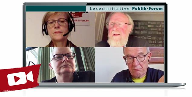 Diskutierten über Krieg und Frieden: Moderatorin Ulrike Scheffer (oben links), Andreas Zumach (oben rechts), Wolfgang Thierse (unten links), Christine Hoffmann (unten rechts). (Foto: Publik-Forum)