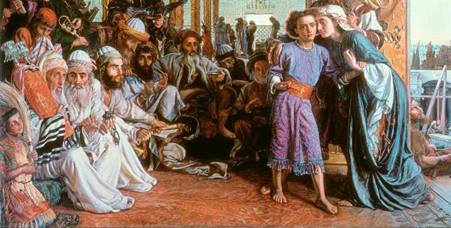 Konfliktreich: Der zwölfjährige Jesus lehrt im Tempel, während seine Eltern ihm Vorwürfe machen. Gemälde aus dem 19 Jahrhundert von William Holman Hunt; Art Gallery Birmingham (Foto: pa/akg-images)