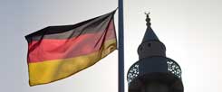 Eine deutsche Fahne weht neben dem Minarett einer Moschee am Rande von Schwäbisch-Hall: Der 3. Oktober erinnert an die deutsche Wiedervereinigung. Es ist auch der Tag der offenen Moschee. (Foto: pa/Rumpenhorst)
